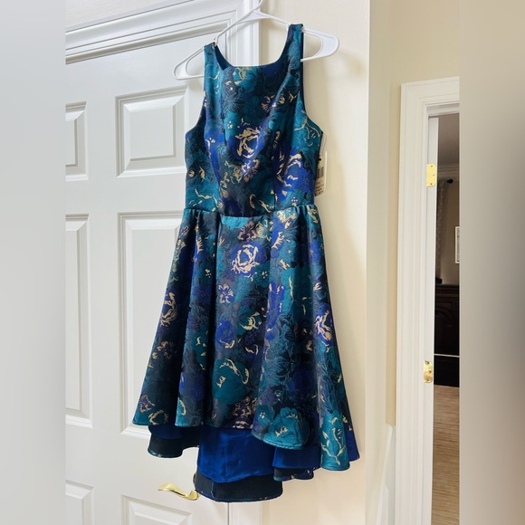 NWT ABS Elegant Blue and Gold dress with cutout back size 7 - Picture 1 of 13